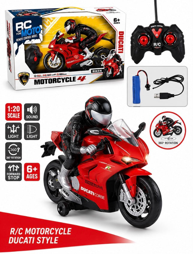 R/C Ducati-Style Motorcycle with Rider – Lights, Sound & 360° Stunt Action